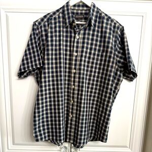 Men’s Denver Hayes Sz Large Blue Plaid Casual Short Sleeve Button Down Shirt EUC